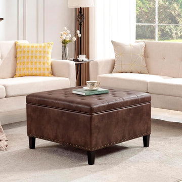 Faux Leather Storage Ottoman Bench, Square Tufted Coffee Table | 29.5" Nailhead Trim Upholstered Ottoman with