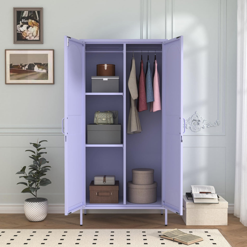 Lockable Closet Metal Wardrobe 67" Purple 2 Door Wardrobe Bedroom Storage Cabinet Adjustable shelf Multi functional