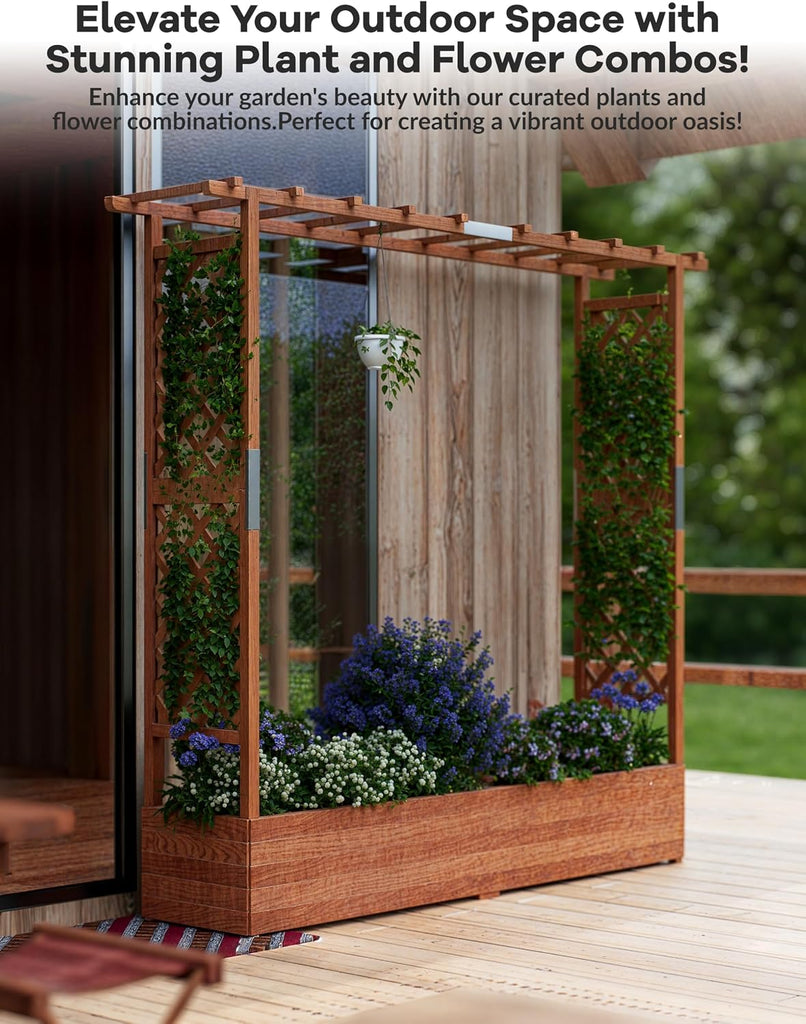 Raised Wooden Garden Bed with Trellis, Large Planter Box with Side Trellis & Hanging Roof, Weatherproof Wood Elevated
