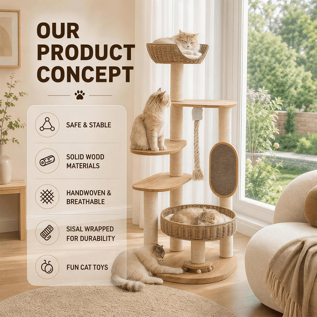 Solid Wood Cat Tree for Large Cats, Modern Tall Cat Tower(49.6In)