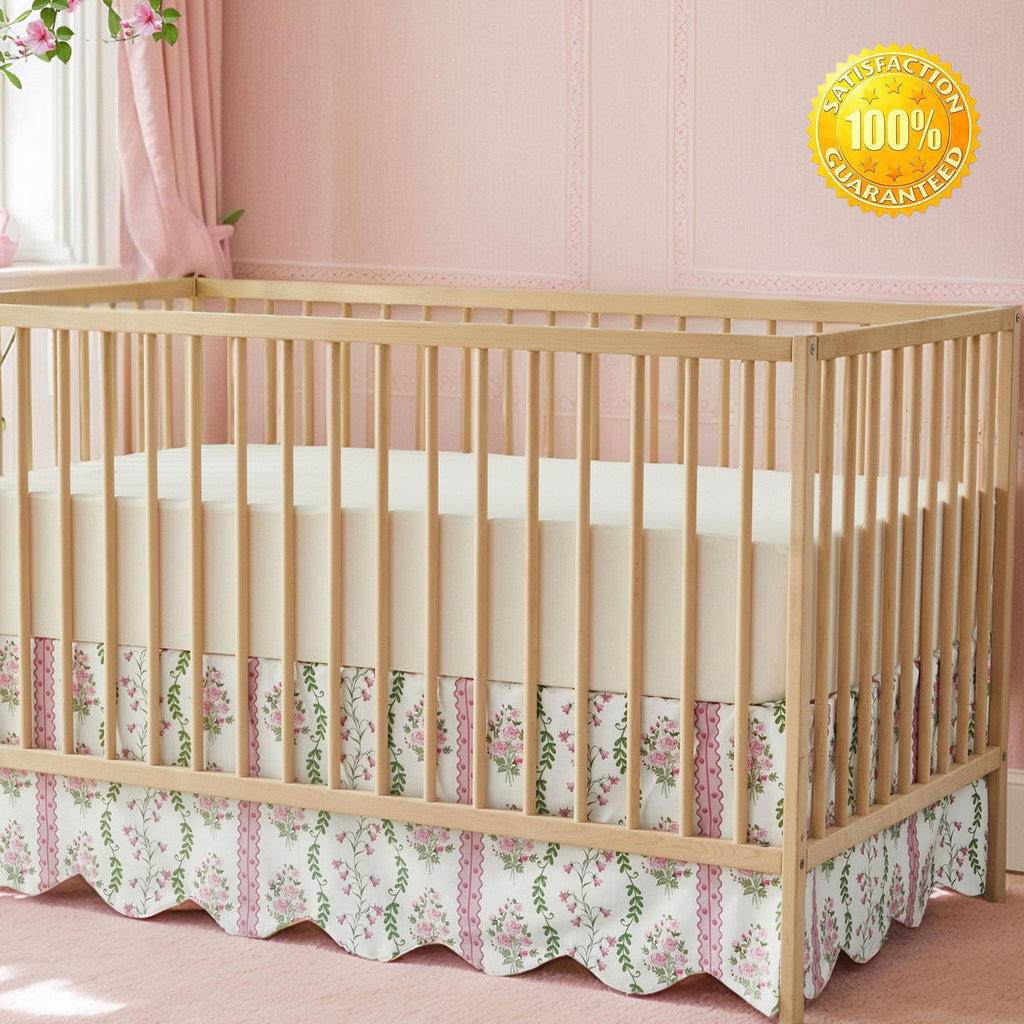 Scallop Edge Crib Skirt Organic Cotton Toddler Bedskirt Floral Stripes and Vines Baby Nursery Crib Bed Skirt Neutral