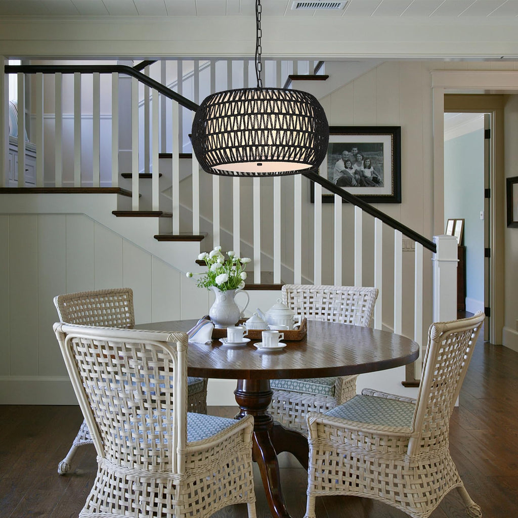 Farmhouse Chandeliers, 5-Lights Rattan Boho Chandelier Light Fixture, Black Woven Dining Room Light Fixture with