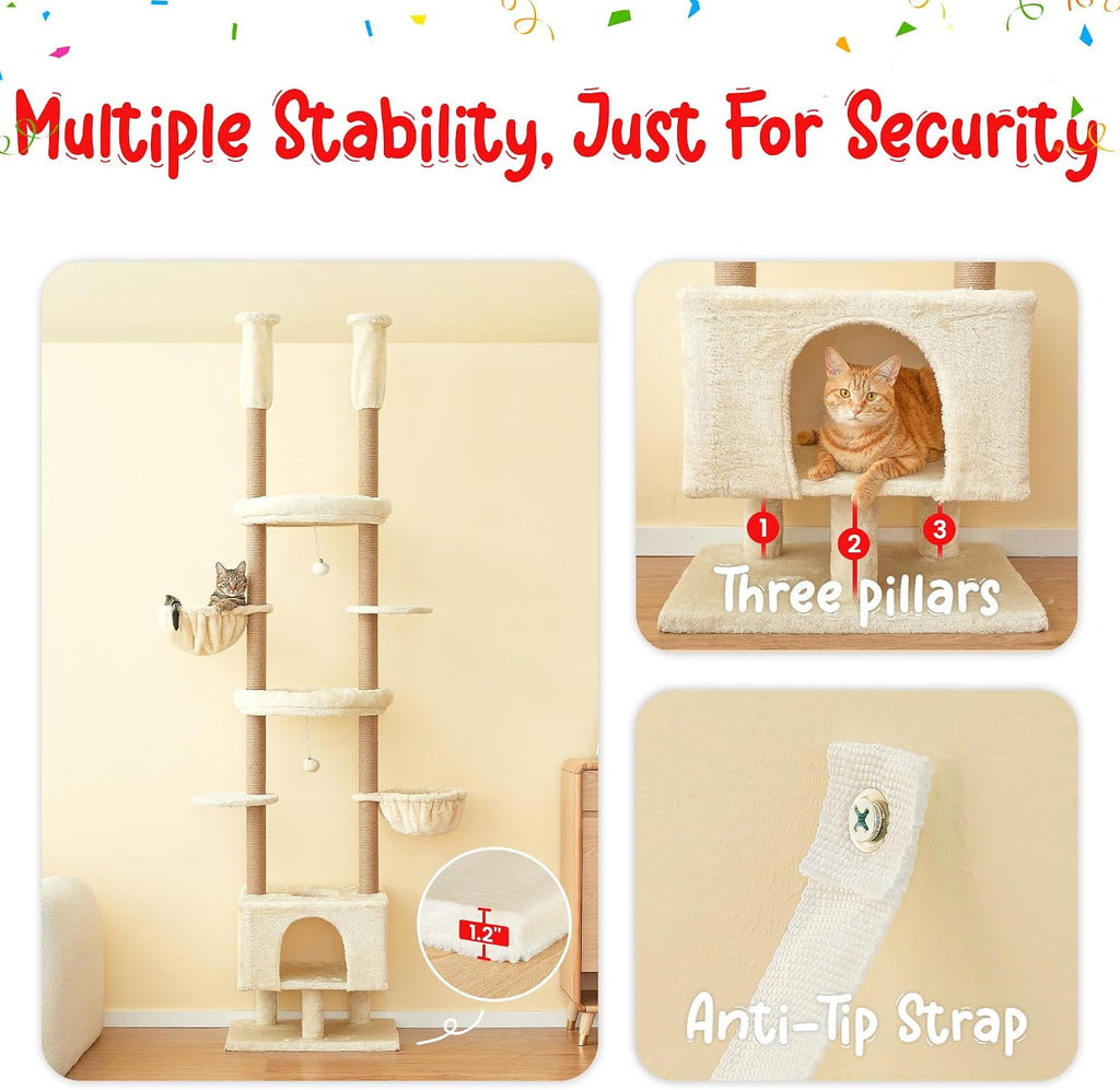 Cat Tree, Floor to Ceiling Cat Tower Adjustable Height [92.9-102.4 in=235-258cm], 7 Tiers Cat Climbing Play House