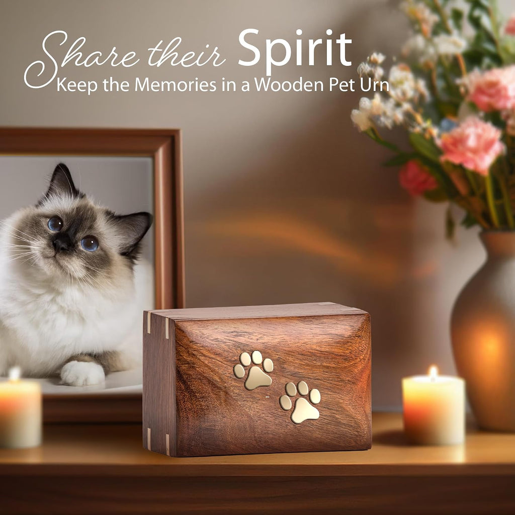 Wood Pet Urn for Dog Ashes, Extra Small 10 Cu in to 10 lb, Two Paws