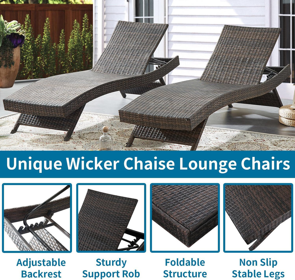 79'' Long Reclining Chaise Lounge Set (Set of 2), Outdoor Wicker Reclining Lounge Chair Patio Rattan Double Chaise