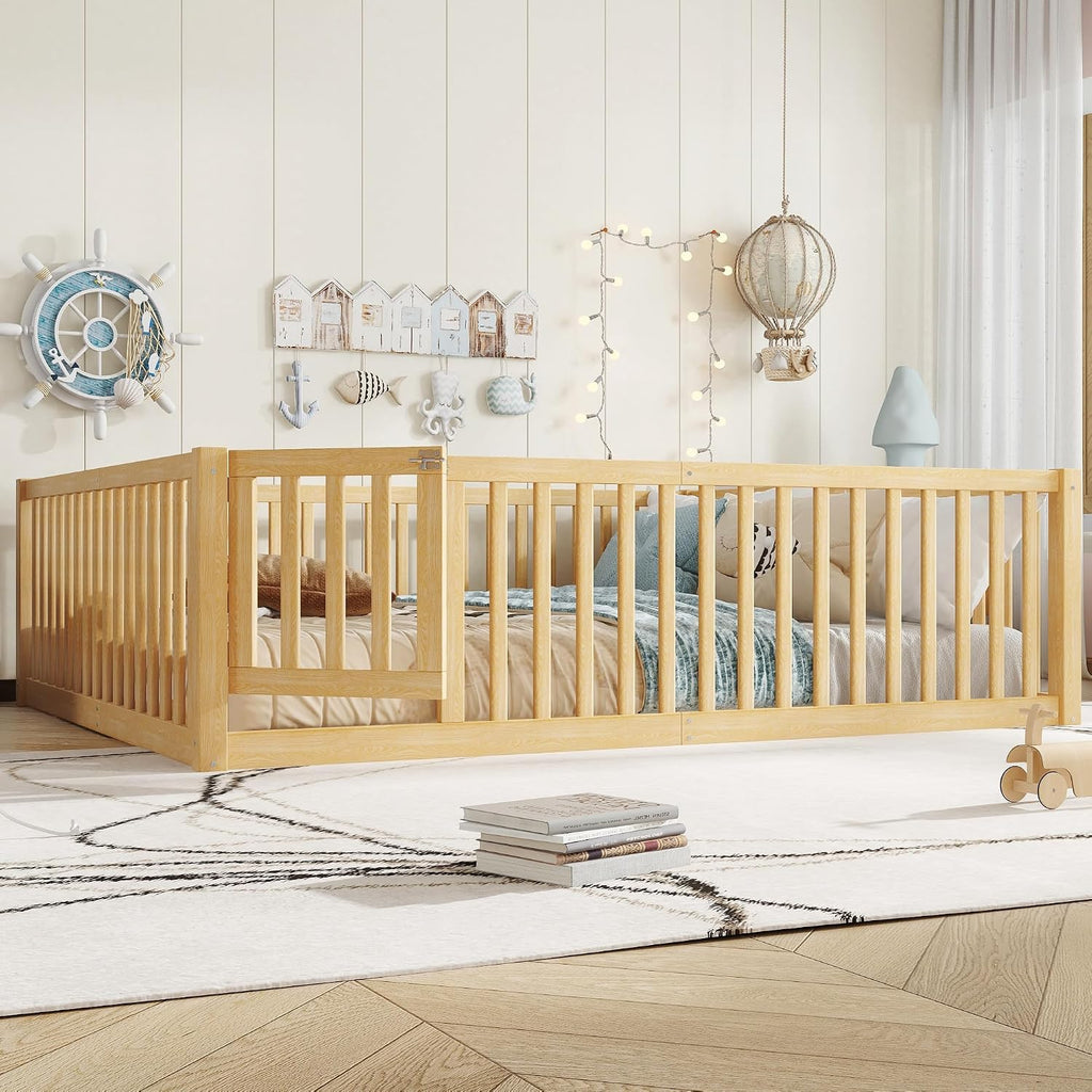Queen Size Floor Bed with Door and High Guardrail, Queen Size Montessori Floor Bed with Fence, Easy Assemble