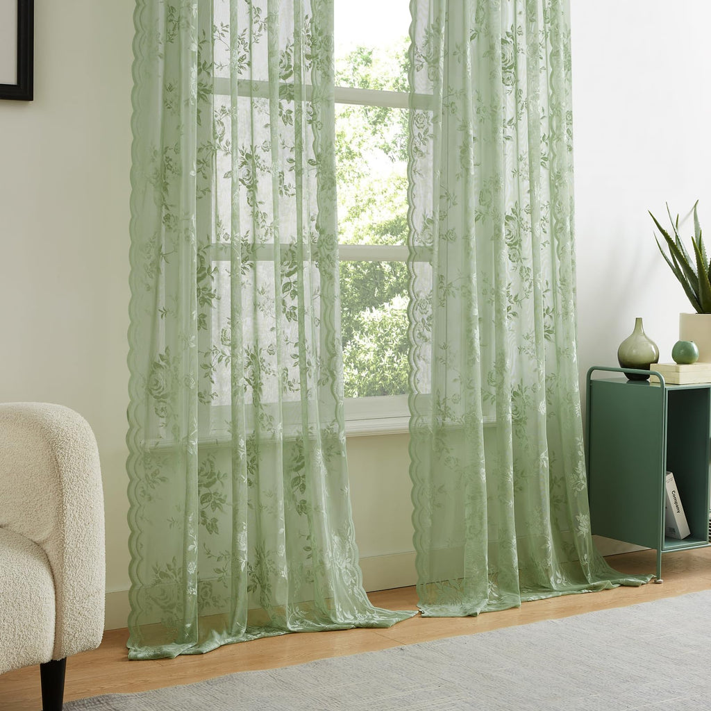 Sage Green Lace Curtains 108 Inches Long Spring Country Floral Sheer Curtains Rod Pocket Light Filtering Vintage