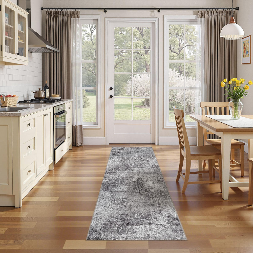 Washable Runner Rug : 2.6x8 Neutral Modern Abstract Low Pile Area Rug with Non-Slip Backing - Carpet Kitchen Laundry