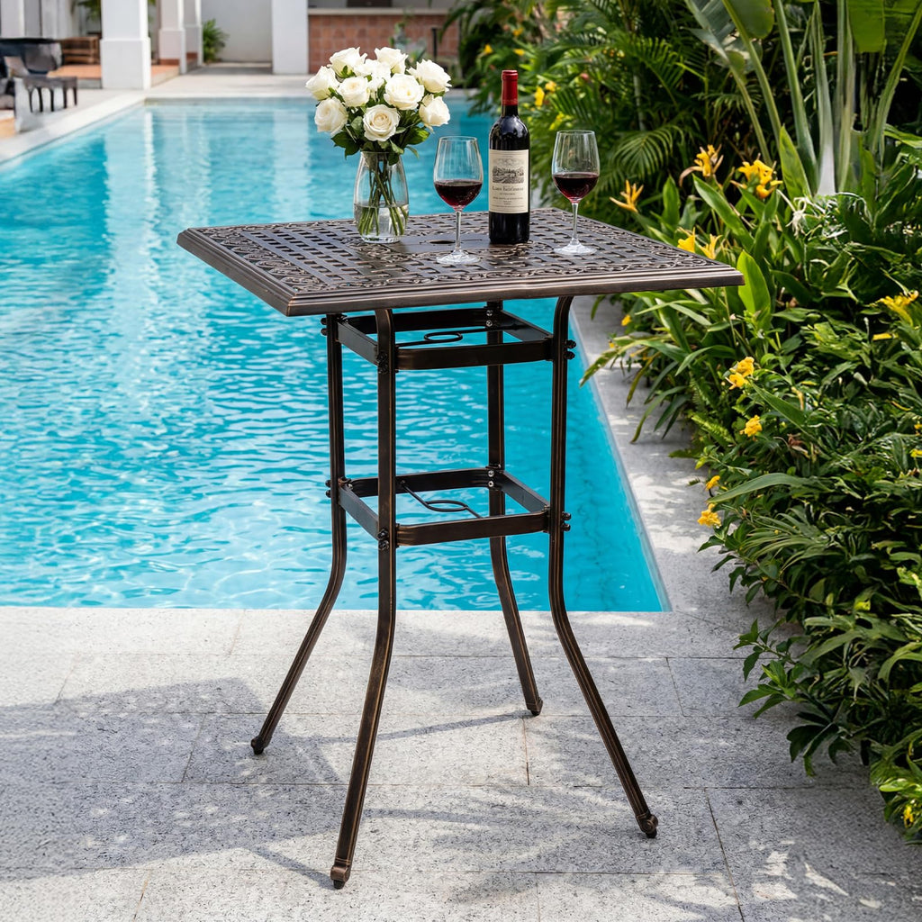 Cast Aluminum Patio Bar Table, 42" Height High Top Outdoor Bar Table with Umbrella Hole, Pub Height Bistro Square