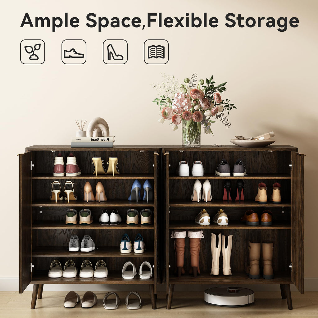 5-Tier Shoe Storage Cabinet with Adjustable Shelves, Walnut丨Fluted Shoe Cabinet with Doors, Wooden Freestanding Shoe