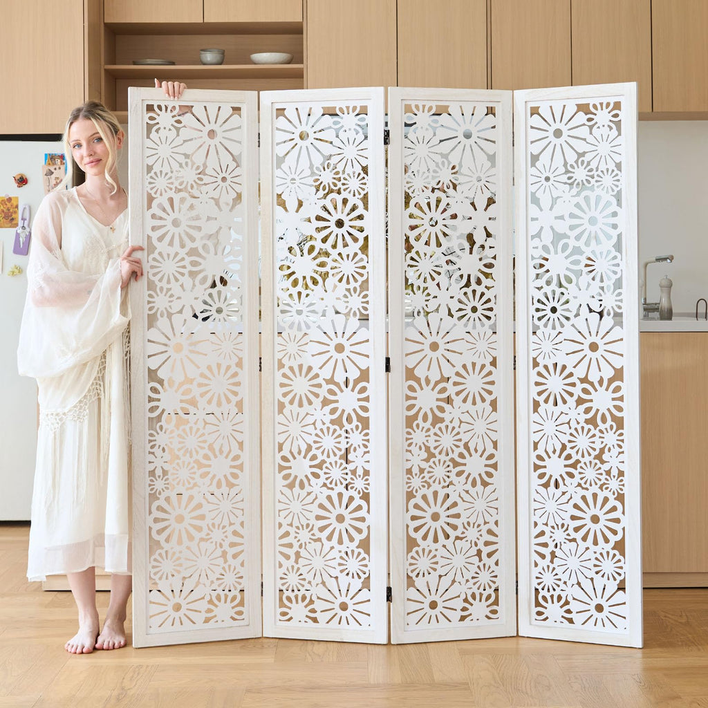 Folding Wood Room Divider Panel, 67 Inch Tall Daisy-Carved Privacy Screen - No-Assembly Required, Decorative Flower