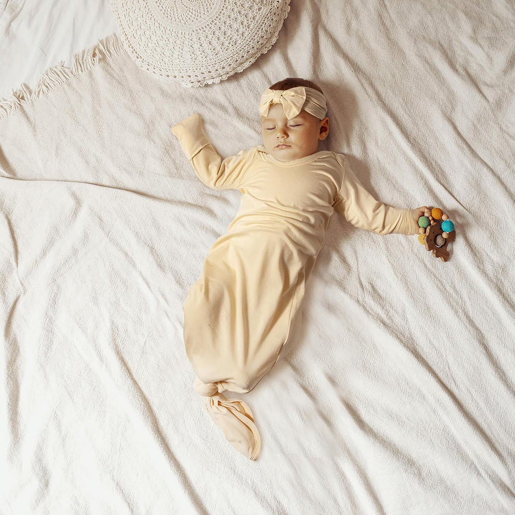 Newborn Baby Knotted Gown, Baby Girl and Boy Sleeping Bag with Mittens and Hat & Bowknot Set
