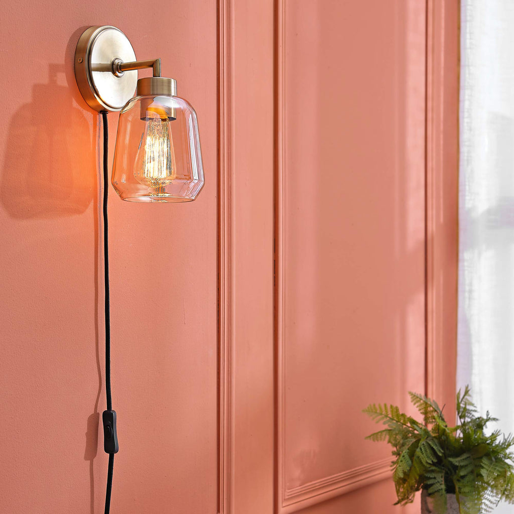 Matte Brass Plug-in or Hardwire Wall Sconce with Smoked Amber Glass Shade and in-Line On/Off Switch