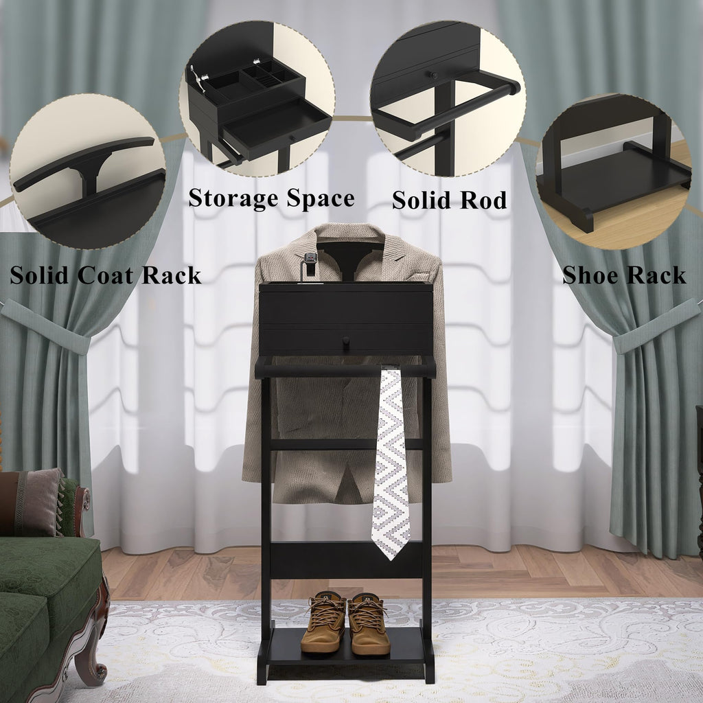Mens Valet Stand with Drawer & Suit Hanger & Flip Tray, Wooden Clothes Rack