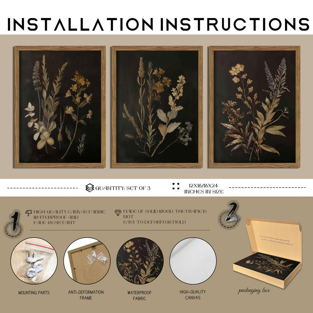 Framed Dark Botanical Wall Art Set of 3, Black Moody Floral Wall Decor Paintings, Dark Academia Decor, Vintage Flower