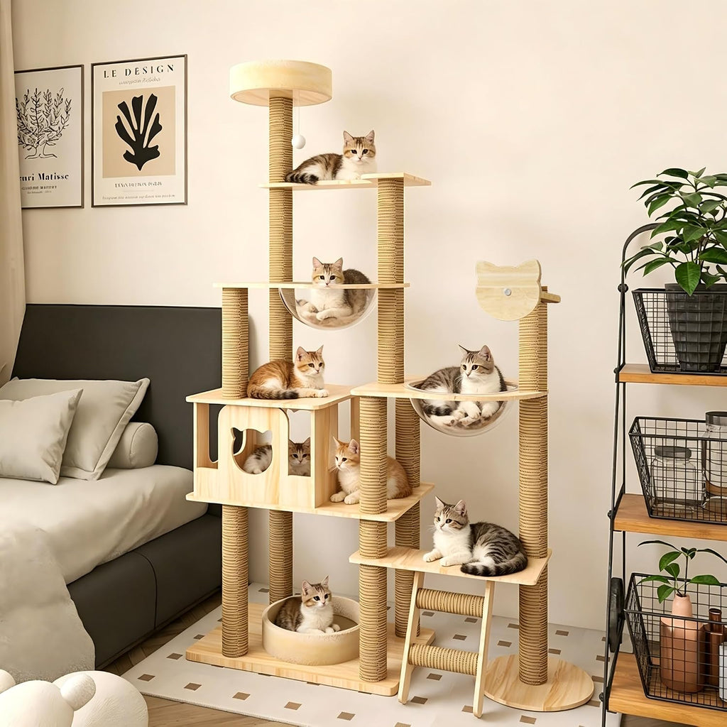 63.7-Inch Cat Tree for Indoor Cats Large Adult, 2 Space Capsule, 12 Sisal Scratching Posts, Top Perch, Toy Balls, Plush