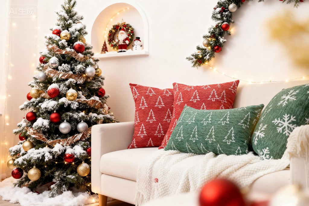Soft Chenille Christmas Pillow Covers 20x20, Reversible Snowflake & Tree Pattern, Thick & Cozy Farmhouse - Set of 2