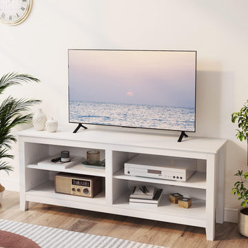 Modern TV Stand for 65 inch TV, White Wood TV Cabinet with 4 Open Storage Shelves, Fits 50-65 Inch TVs, 55 Inches W x