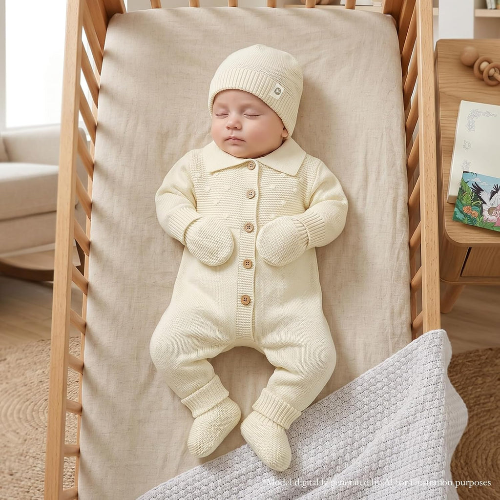 Cotton Baby Sweater Knit Romper Newborn Infant Outfit Hat Mittens Booties
