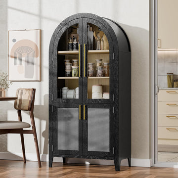 63" Tall Arched Cabinet with Glass Doors, Kitchen Pantry Storage Cabinet with Dust-Proof Rattan, 5-Tier Curio China