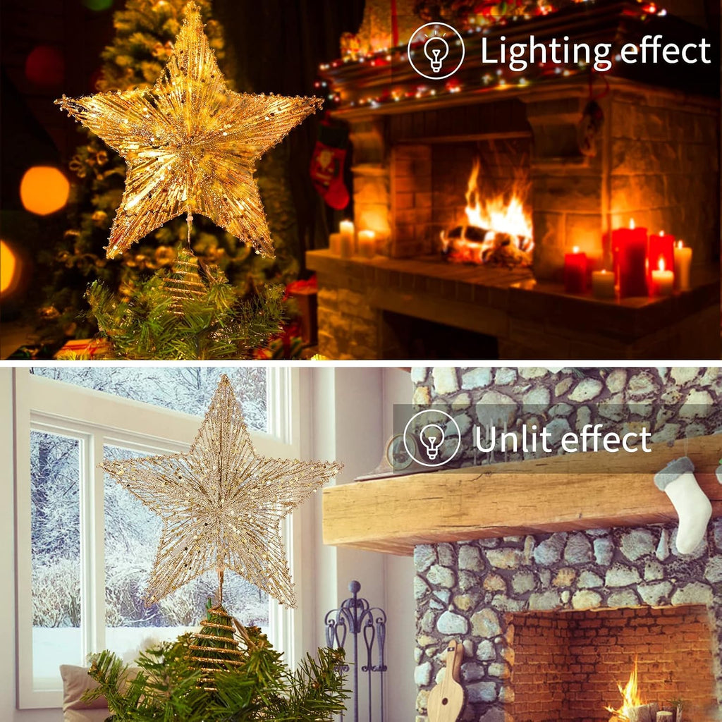 Star Tree Topper, Plug in 3D Star Tree Topper, 11"Golden Glittered Metal Hollow Designed Built-in 10 Bulbs String