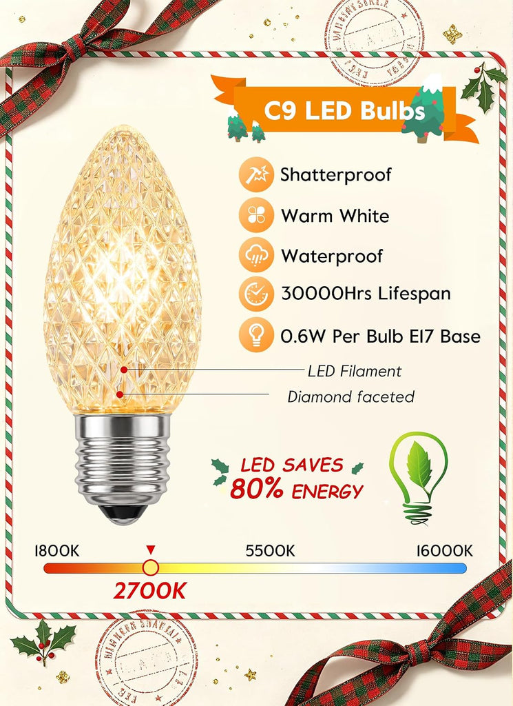 C9 LED Bulbs for Christmas String Lights, E17 Base, 25 Pack, Warm White