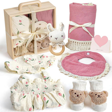 Baby Girl Gift Set Piece Newborn Essentials in Wooden Box, Cotton Floral Bodysuit Swaddle Blanket Bib Hat Socks