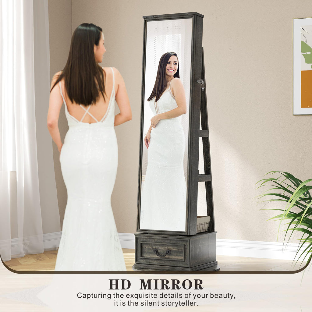Jewelry Cabinet with Full Length Mirror, Lockable, Swivel, Brown