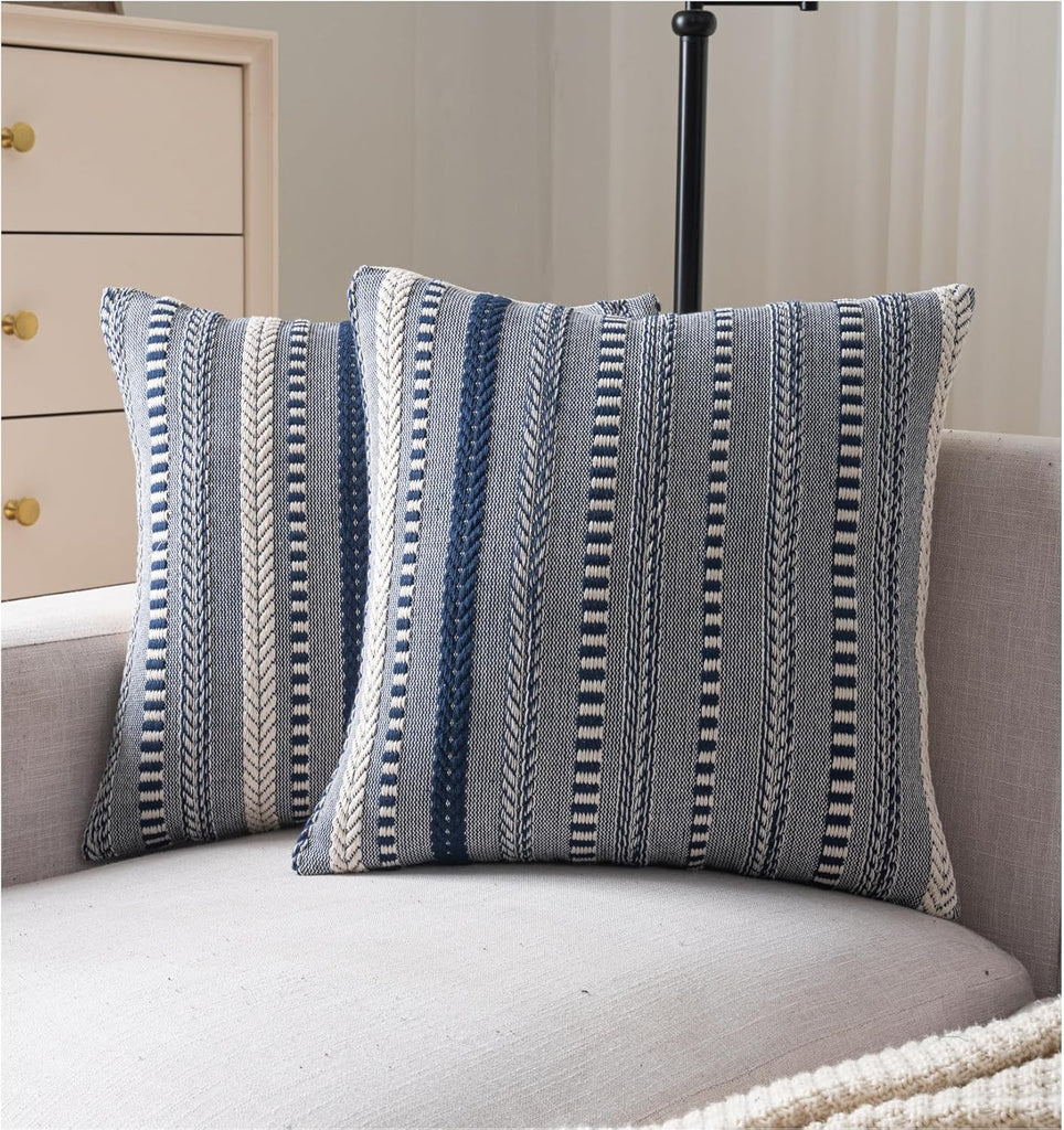 Boho Throw Pillow Covers 18x18 Inch Set of 2, Farmhouse Decorative Couch Pillow Cases, Navy Blue Accent Pillows of