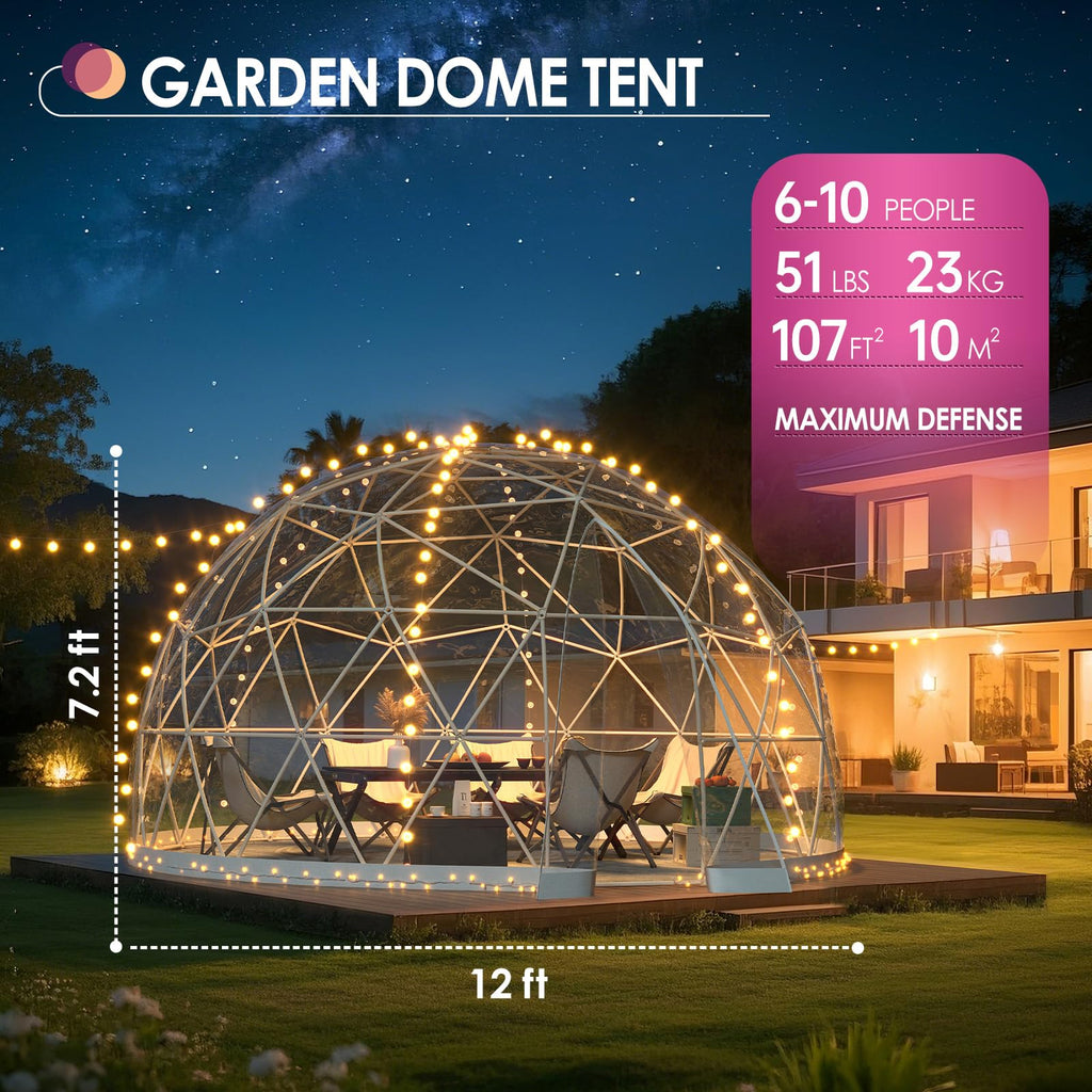 Upgraded 12FT Garden Dome Tent, Outdoor Clear Bubble Tent for 6-10 People, Geodesic Dome Greenhouse with Waterproof