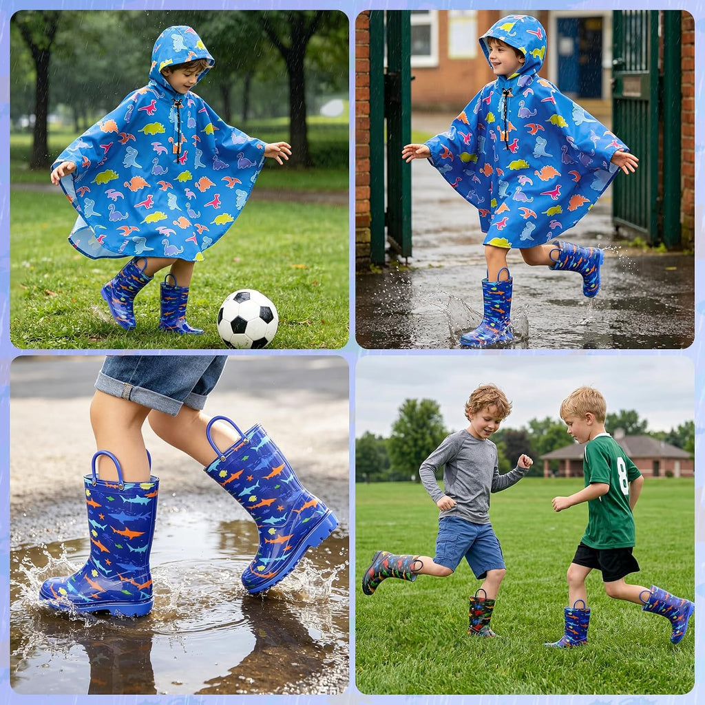 Kids Rain Boots for Boys Rain Boots Dinosaur Shark Rainboots Toddler Boy Waterproof Lightweight Easy-On Handles