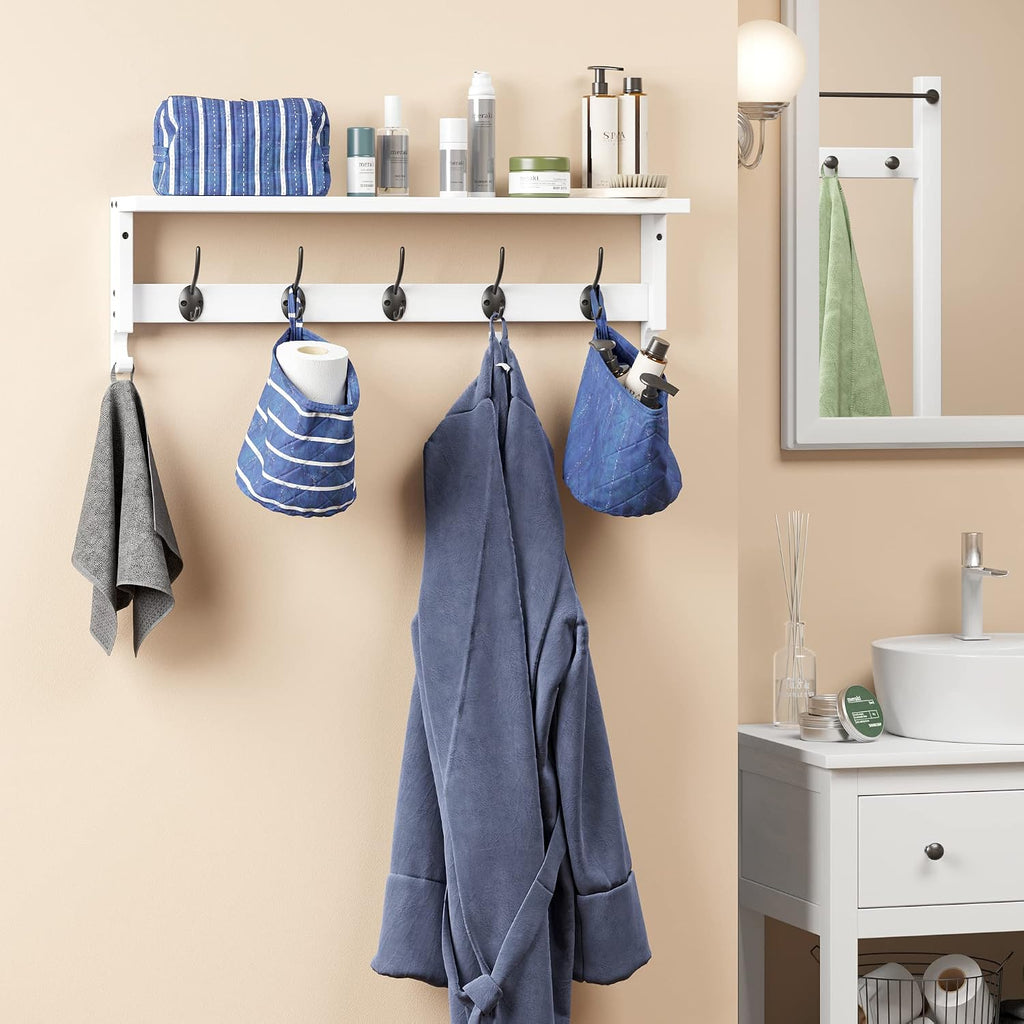 Coat Rack Wall Mount with Shelf, 28.9 Inches Coat Hooks Wall Mounted with 5 Hooks, Hat Wall Hooks for Hanging (White