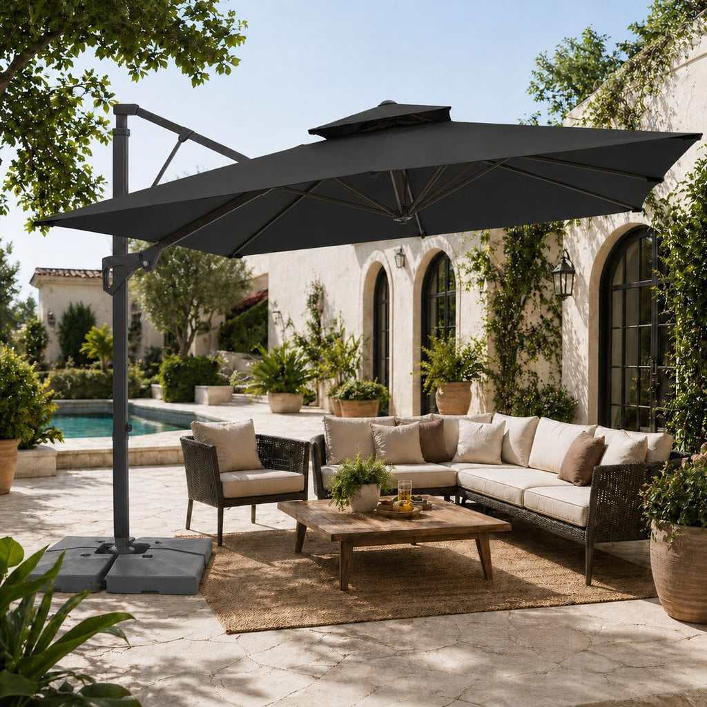 9x9 ft 2-Tier Cantilever Patio Umbrella, Large Square Outdoor Offset Umbrella with Double Top Vent and 360-degree - Gray