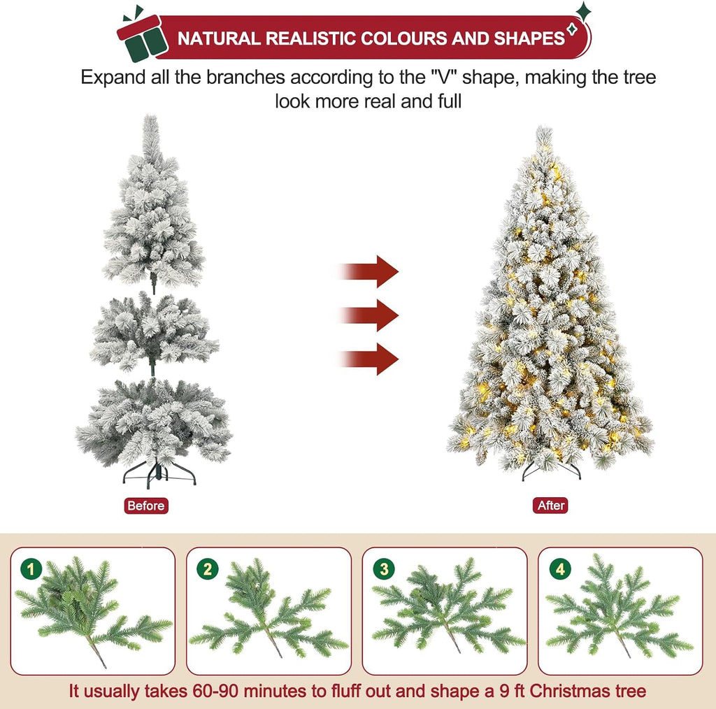 Flocked Christmas Tree , Premium Prelit Christmas Tree - Trees with Lights-White Snow Flocked Pre-lit Trees