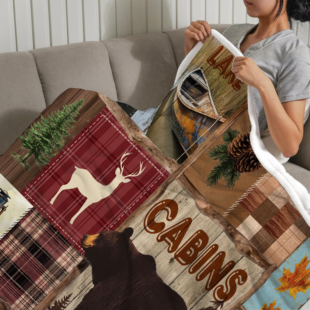 Rustic Cabin Throw Blankets, Vintage Country Antique Lodge Bear Deer Lake Maple Flannel Cozy Fuzzy Plush Couch Throw