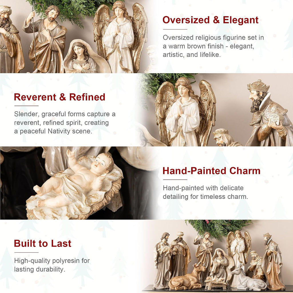 10-Piece Nativity Figurines Sets for Christmas Indoor, Oversized Brown Nativity Figurines Sets, Resin Xmas Nativity