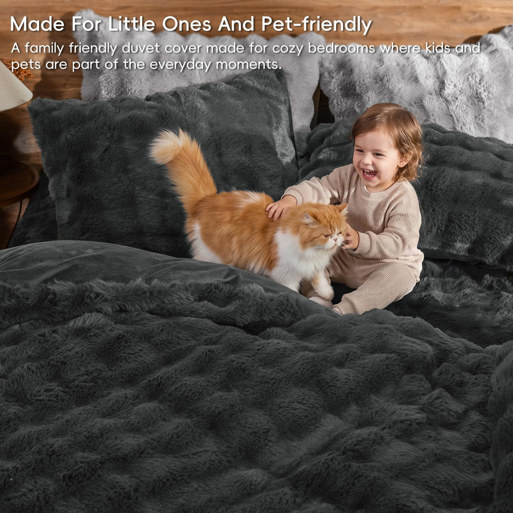 Fluffy Rabbit Faux Fur Duvet Cover Set, Black Oyster