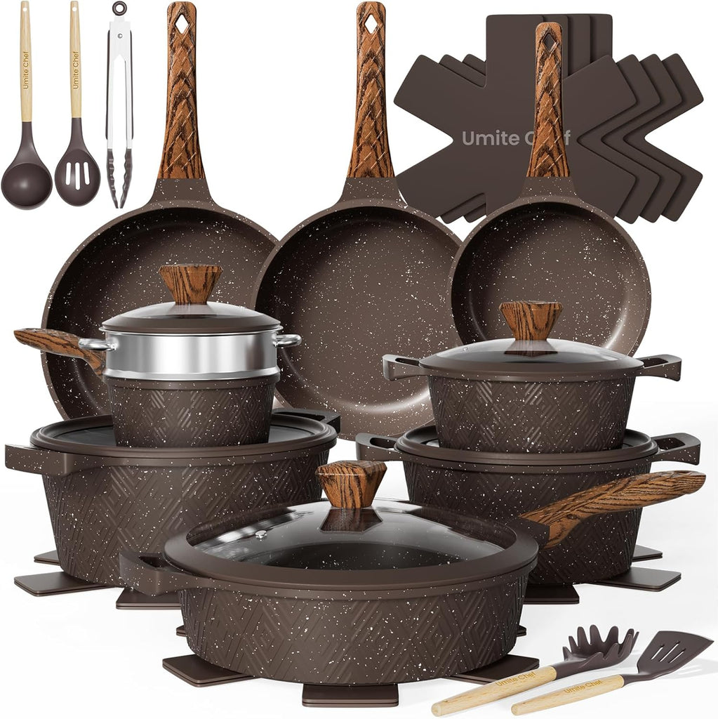 26PCS Pots and Pans Set Non Stick, Nonstick Cookware Sets, Induction Cook Ware, Includes Steamer & Silicone Utensils