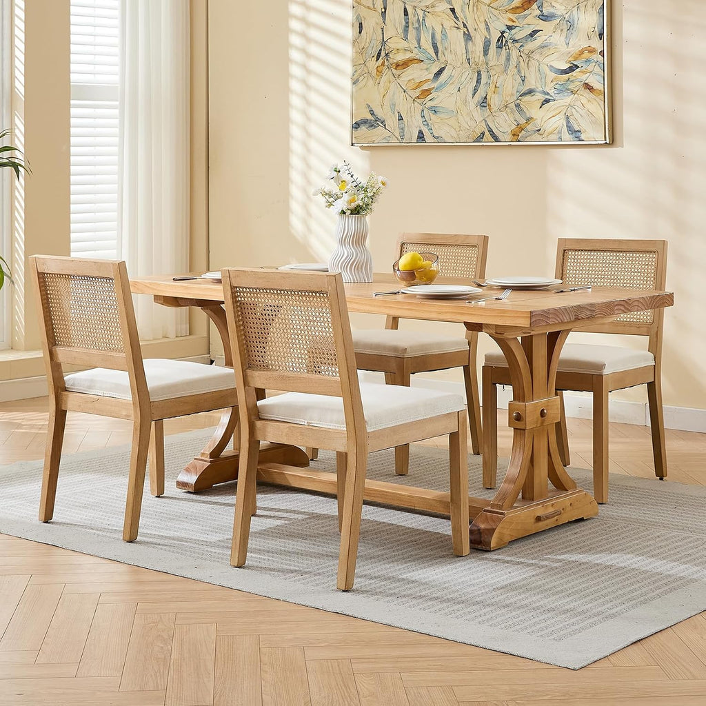 French Country Dining Chairs Set of 6, Beige Modern Kitchen & Dining Room Chairs, Rattan Dining Chair with Linen