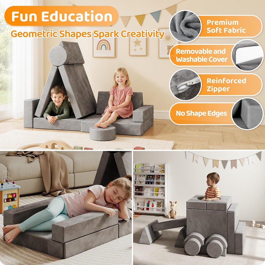 18Pcs Kids Play Couch, Modular Foam Couch, Convertible, Grey