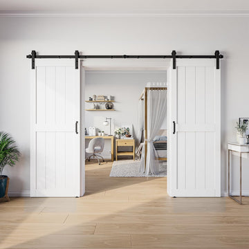 64 x 84 in (Double 32x84 Door) White Barn Door with 11FT Sliding Hardware Kit & Handle, Pre-Drilled 