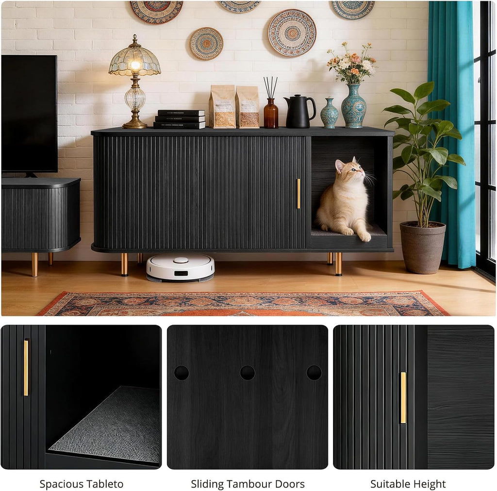 Cat Litter Box Enclosure with Scratch Pad, Sliding Door, 38.5" Cat Litter Furniture Hidden Litter Box Cabinet, Modern