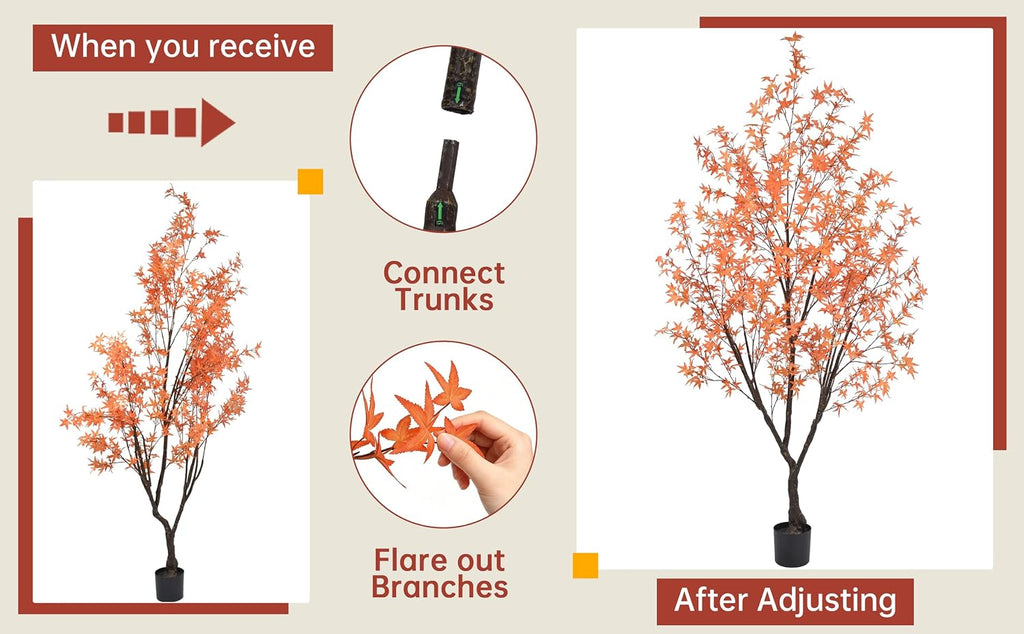 Autumn Maple Tree 8.5FT with 900 Red & Orange Leaves Fall Décor Tall Large Faux 102 Inch Plant Black Pot for Indoor