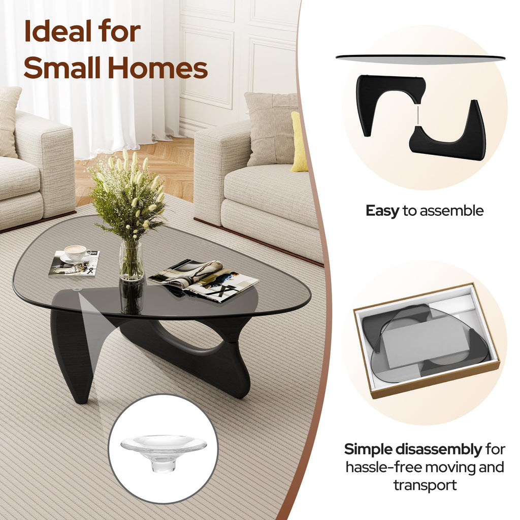 Inspired Noguchi Style Modern Glass Coffee Table, 43''W Large Mid Century Triangle Coffee Table Bedroom Reception Office Tables