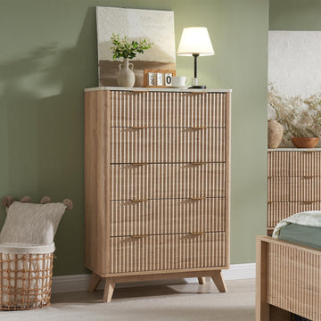 48" Tall Fluted 5 Drawer Dresser, Natural Oak