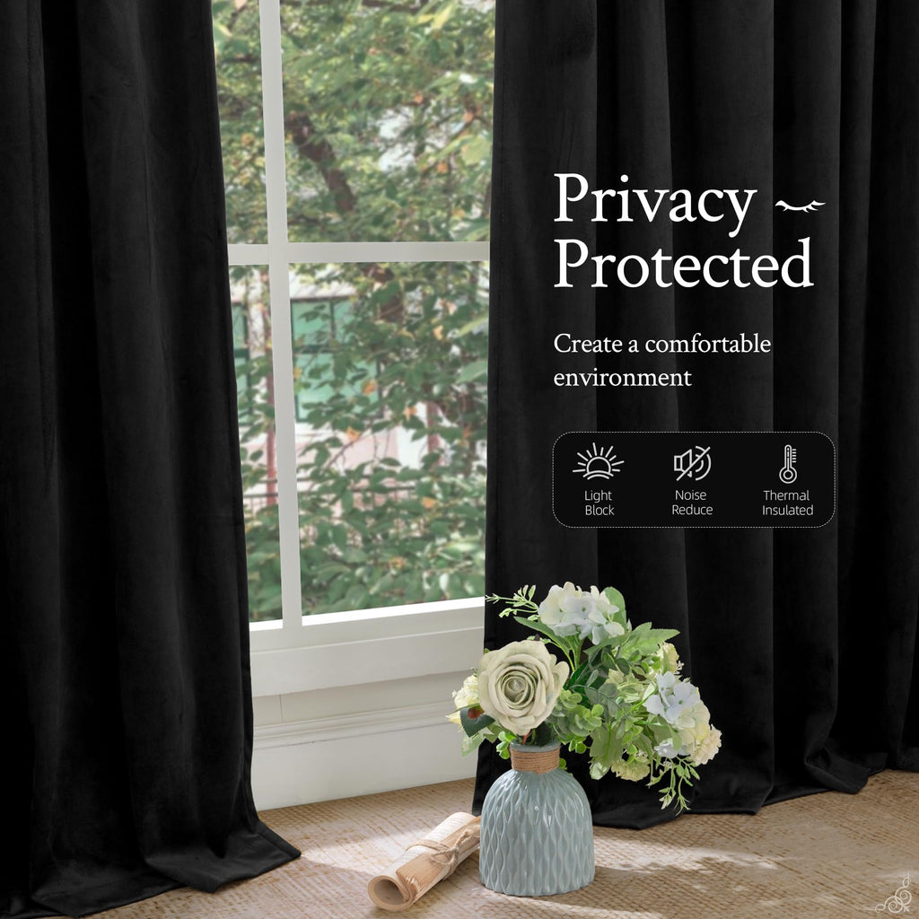 Black Velvet Blackout Curtains 80 Inches Long, 2 Panels