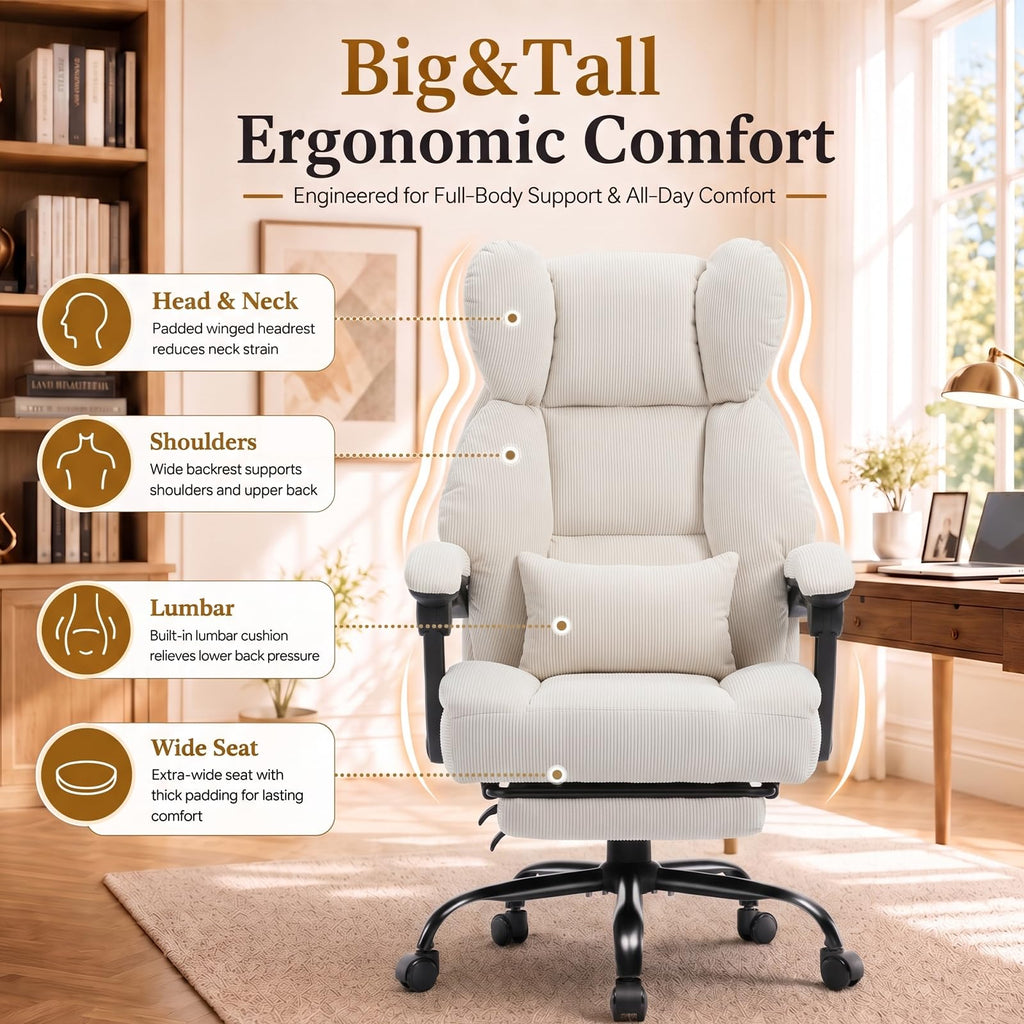 Big&Tall Ergonomic Gaming Chair, Wide Spring Seat, Linkage Armrest, White