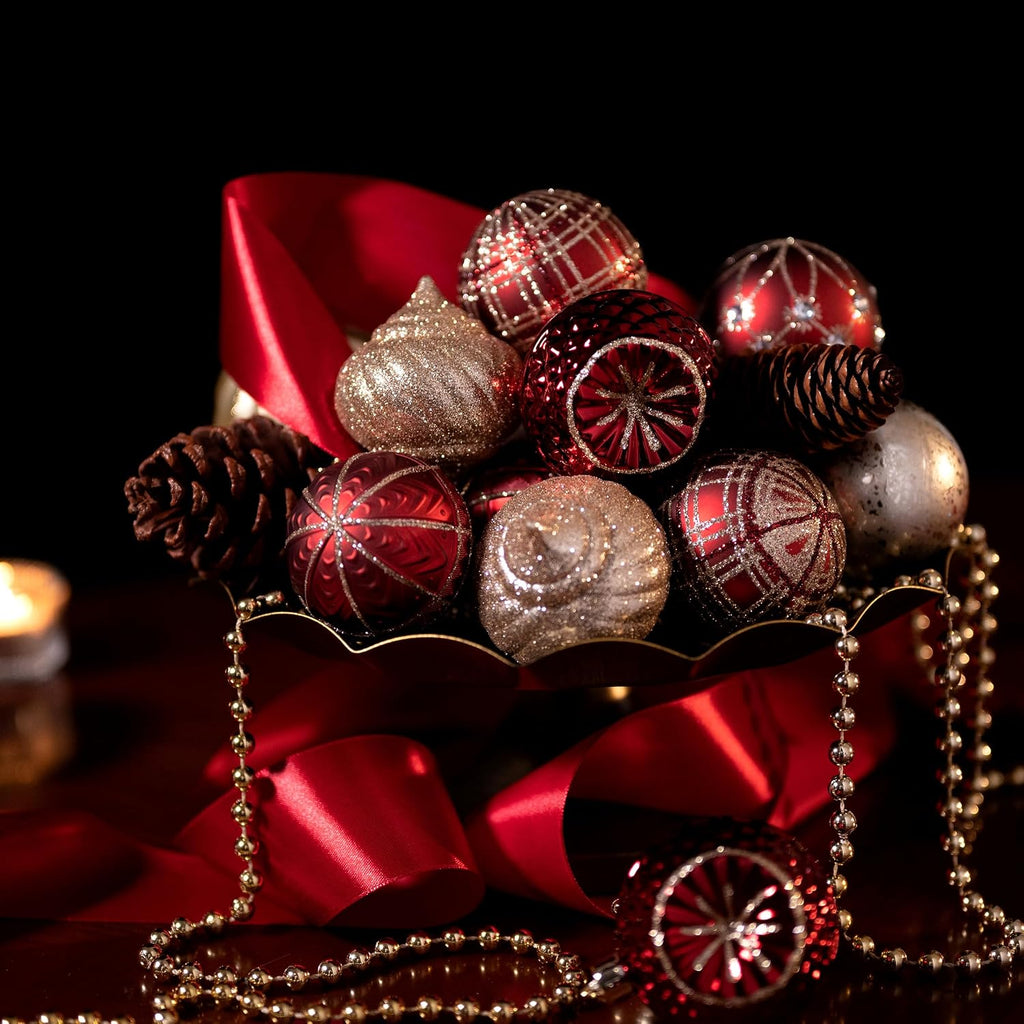 Christmas Tree Ornaments Set, 16ct Burgundy and Gold Shatterproof Christmas Tree Decorations&Lighted Christmas Angel
