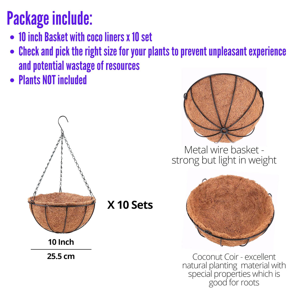 LaLaGreen Outdoor Hanging Baskets (10 in, 10 Pack) Coco Liner Flower Pots