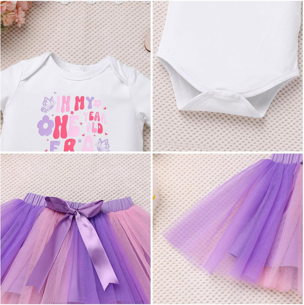 Baby Girl First Birthday Outfit In My One Year Old Era Party Clothes Short Sleeve Romper Tutu Skirt Headband Set